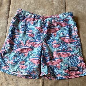 Vineyard Vines Boys Pink and Blue Fish Print Swim Shorts, Size Medium (12-14)